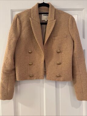 L'AGENCE Double-Breasted Bouclé Blazer in Camel